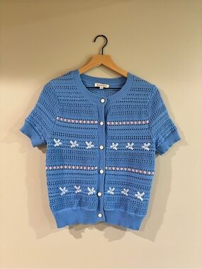 Nanette Lepore Blue Cropped Knit Cardigan Sweater with Pearl Buttons medium